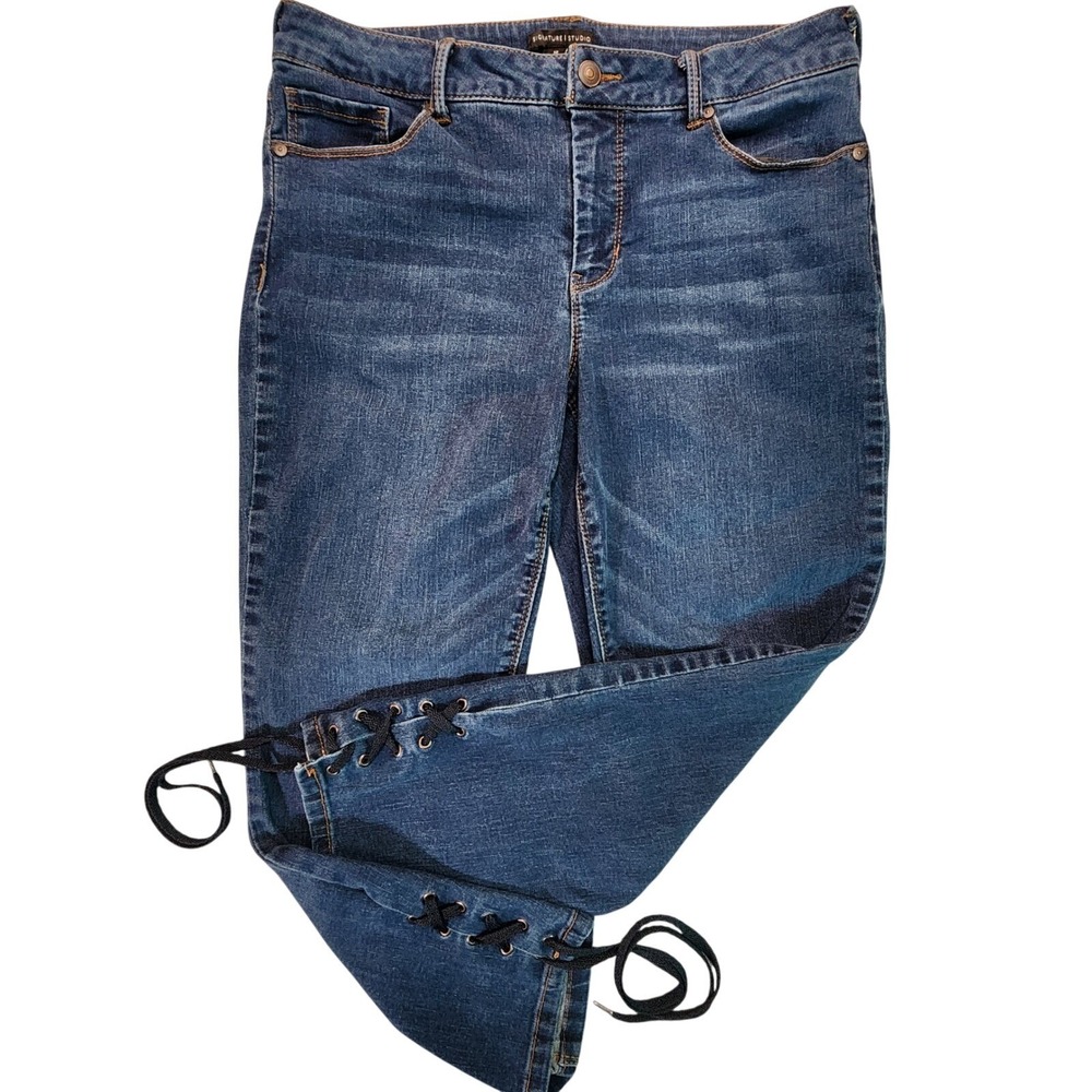 Signature Studio Lace-Up Crop Jeans  Size 12 Blue Mid Rise Straight Leg Stretch